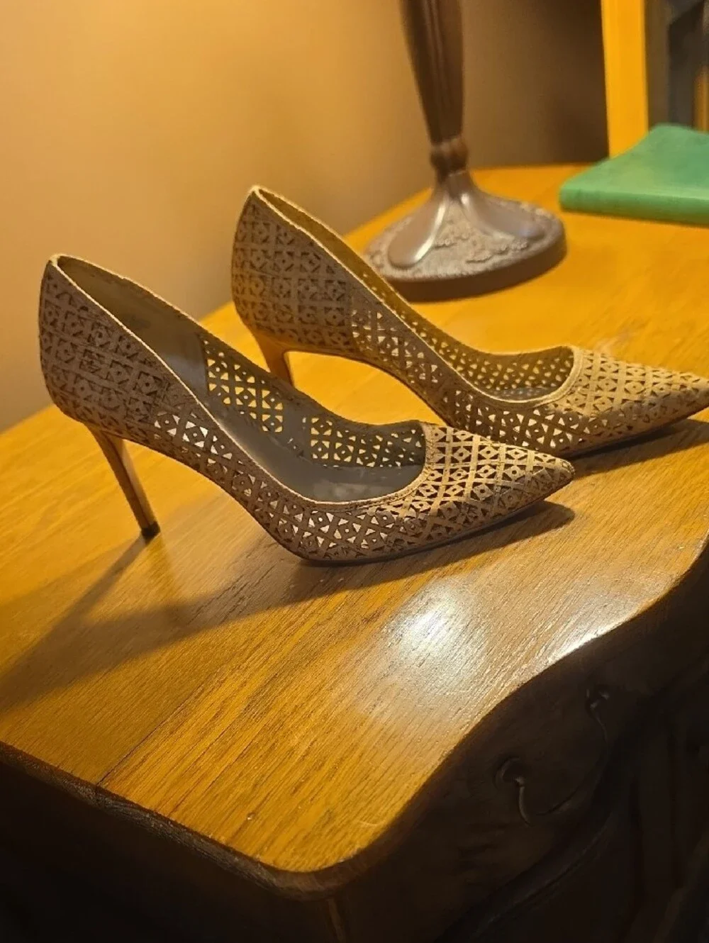 Ann Taylor Taupe Laser-Cut Pointed Pumps